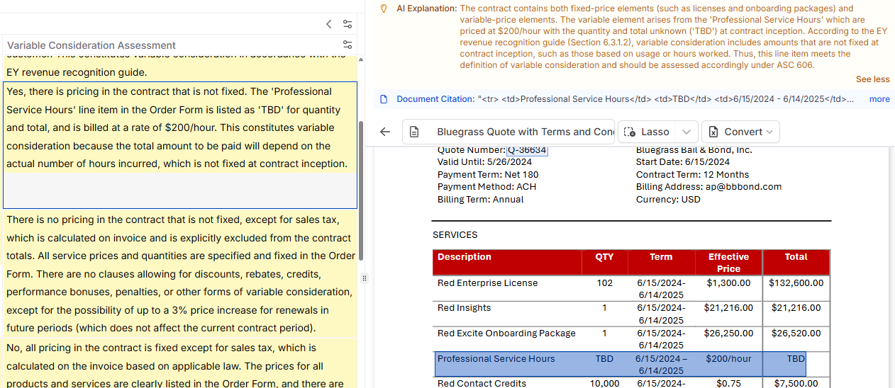 Variable consideration assessment example showing EY guide references
